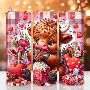 Highland Cow Valentine's Day Tumbler Wrap, Funny Cow Design, Sublimation Design, 20 oz Skinny Tumbler, PNG Digital Download