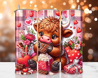 Highland Cow Valentine&#39;s Day Tumbler Wrap, Funny Cow Design, Sublimation Design, 20 oz Skinny Tumbler, PNG Digital Download