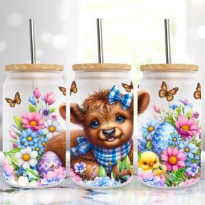 Easter Cute Pastel Pink Blue Baby Highland Cow Flowers Eggs 16 oz Libbey Frosted Glass Can Wrap Sublimation Design PNG Digital Download