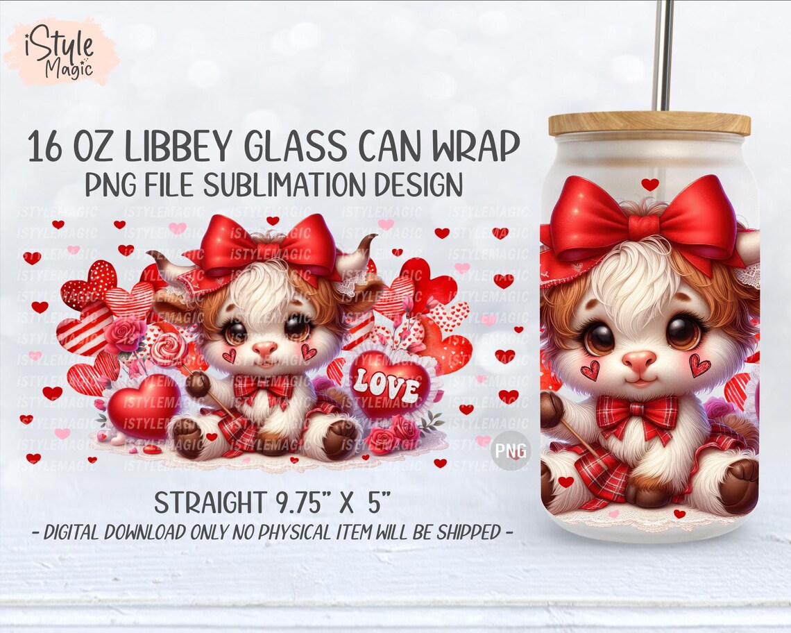 Valentine's Day Highland Cow Hearts 16 Oz Libbey Frosted Glass Can Wrap ...