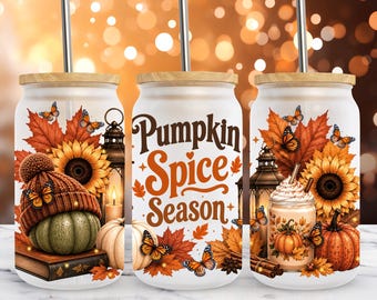 Pumpkin Spice Season Glass Can Wrap PNG, 16oz Libbey Cup Wrap, Cozy Fall Autumn Coffee Sublimation Design (Digital Download)