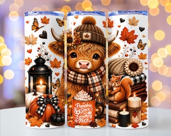 Pumpkin Spice Highland Cow Tumbler Wrap PNG, 20oz Skinny Wrap, Fall Vibes Sublimation Design (Digital Download)