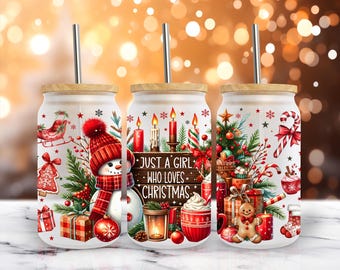 Nur ein Mädchen, das Weihnachten liebt 16 Unze Libbey Glasdosen-Verpackungs-Sublimations-Design, Winterurlaub-Tasse, Weihnachtsglas, PNG digitaler Download