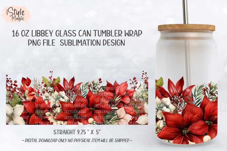 Christmas Poinsettia, Libbey 16 Oz Glass Can Wrap Sublimation Design ...