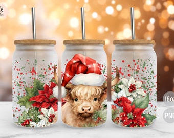 Christmas Cute Highland Cow, 16 Oz Libbey Glass Can Wrap Sublimation Design, PNG Digital Download