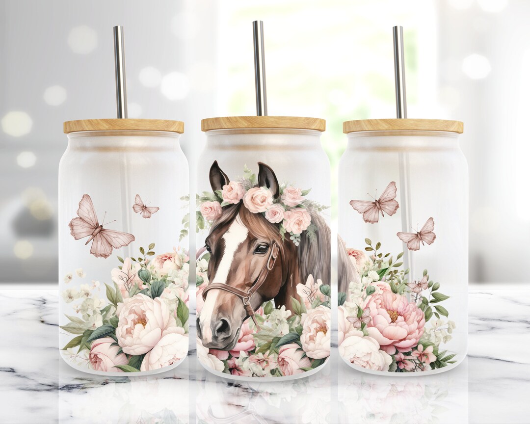 Boho Pink Floral Horse, 16 Oz Libbey Glass Can Wrap Sublimation Design ...