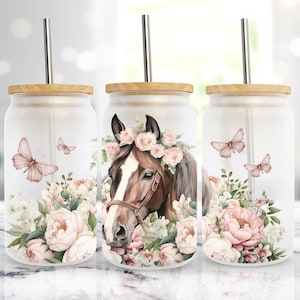 Boho Pink Floral Horse, 16 Oz Libbey Glass Can Wrap Sublimation Design, Frosted Glass Tumbler Cup, PNG Digital Download