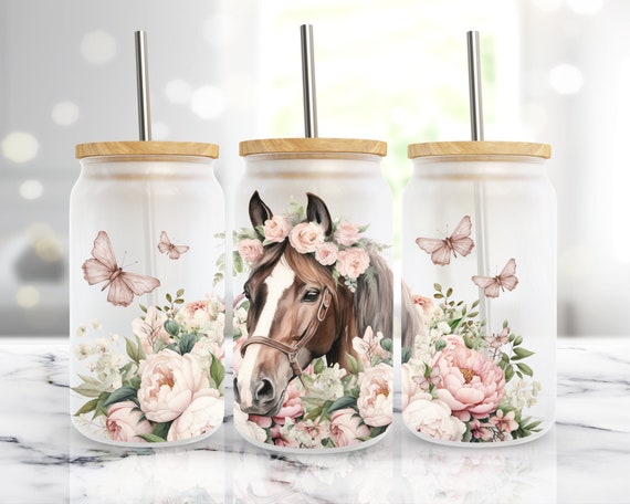 Boho Pink Floral Horse, 16 Oz Libbey Glass Can Wrap Sublimation Design, Frosted Glass Tumbler Cup, PNG Digital Download