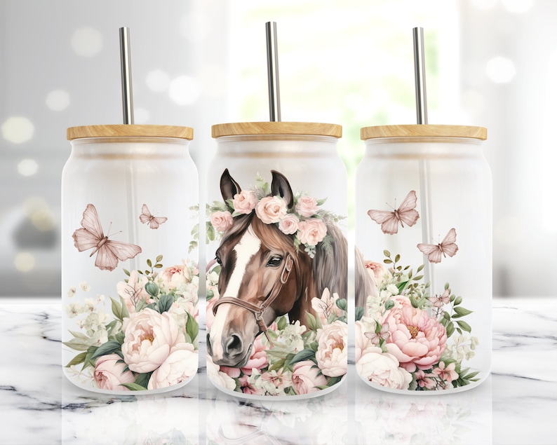 Boho Pink Floral Horse, 16 Oz Libbey Glass Can Wrap Sublimation Design, Frosted Glass Tumbler Cup, PNG Digital Download