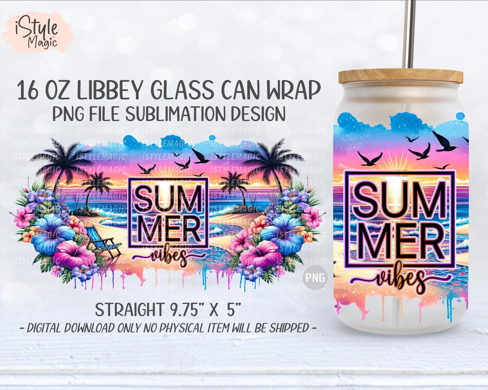 Summer Vibes - 16oz Libbey Glass Can Wrap Sublimation, Beach Palm Trees ...