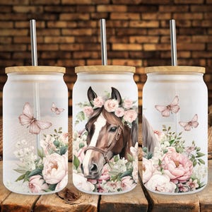 Boho Pink Floral Horse, 16 Oz Libbey Glass Can Wrap Sublimation Design, Frosted Glass Tumbler Cup, PNG Digital Download