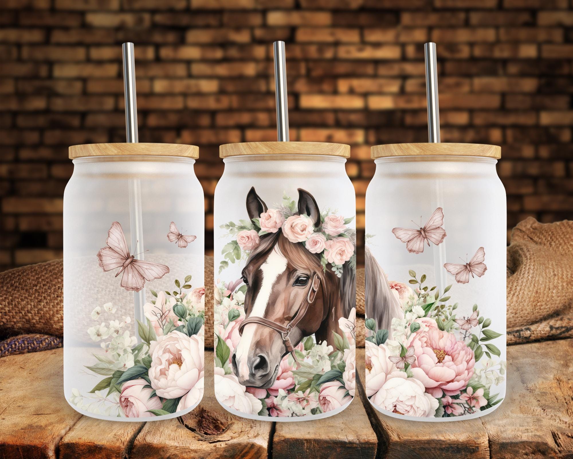 Boho Pink Floral Horse, 16 Oz Libbey Glass Can Wrap Sublimation Design ...
