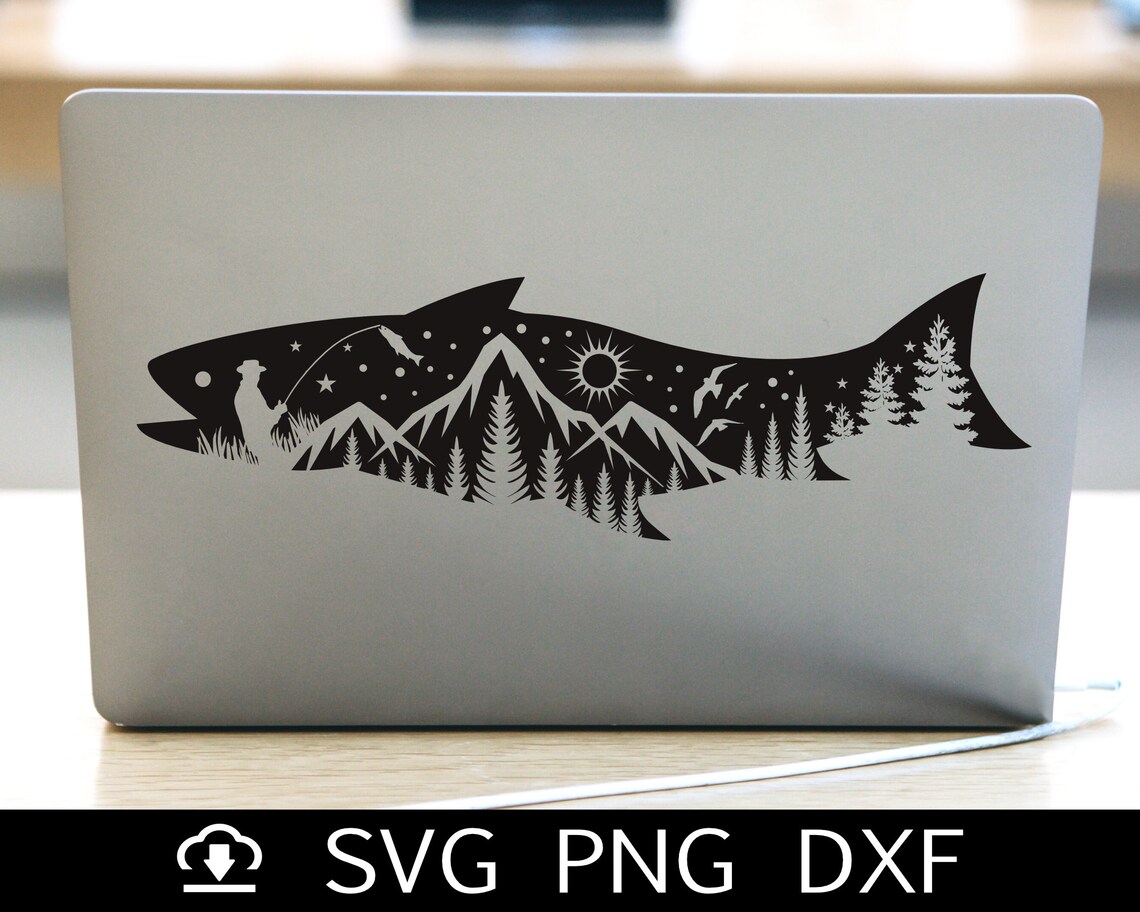 Salmon Mountain And Trees SVG For Cricut / Trout svg / Hunting | Etsy