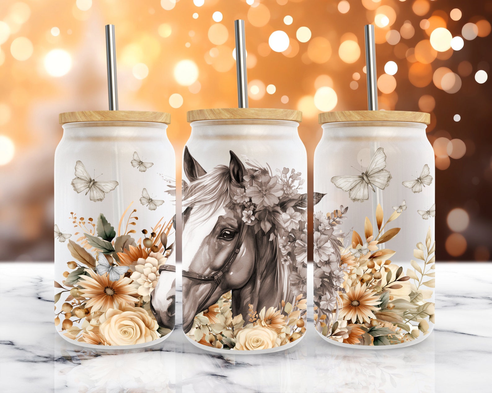 Boho Floral Horse, 16 Oz Libbey Glass Can Wrap Sublimation Design ...
