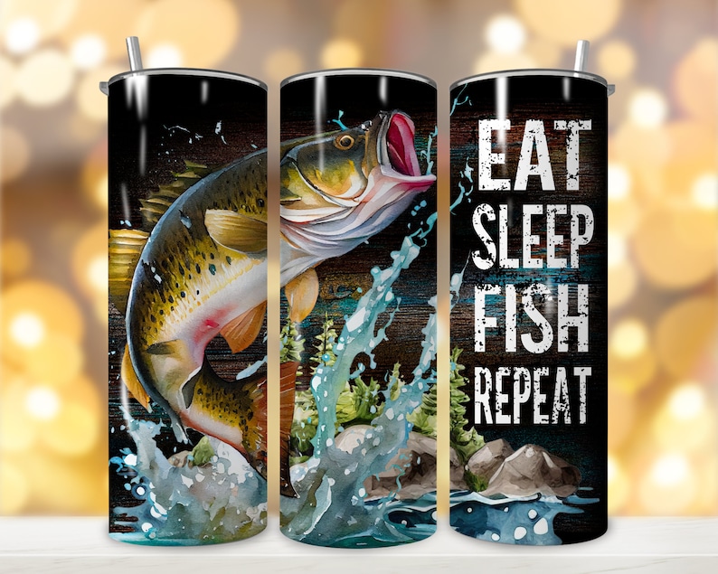 Fishing Tumbler Wrap, Eat Sleep Fish Repeat Tumbler, Fishing Quote, Outdoor Tumbler, 20oz Tumbler, Sublimation Design, PNG Instant Download image 1