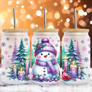 Envoltorio para lata de vidrio esmerilado de 16 oz con diseño de muñeco de nieve morado navideño de Libbey, diseño de sublimación, envoltorio navideño de 16 oz, descarga digital PNG navideña