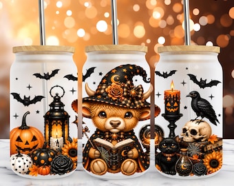 Halloween Witch Highland Cow Glass Can Wrap PNG, 16oz Libbey Wrap, Spooky Season Sublimation Design (Digital Download)