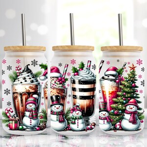 Bonhomme de neige mignon Noël chocolat chaud 16 oz en verre à café givré Libbey peut envelopper, sublimation, tasse de Noël, téléchargement numérique PNG