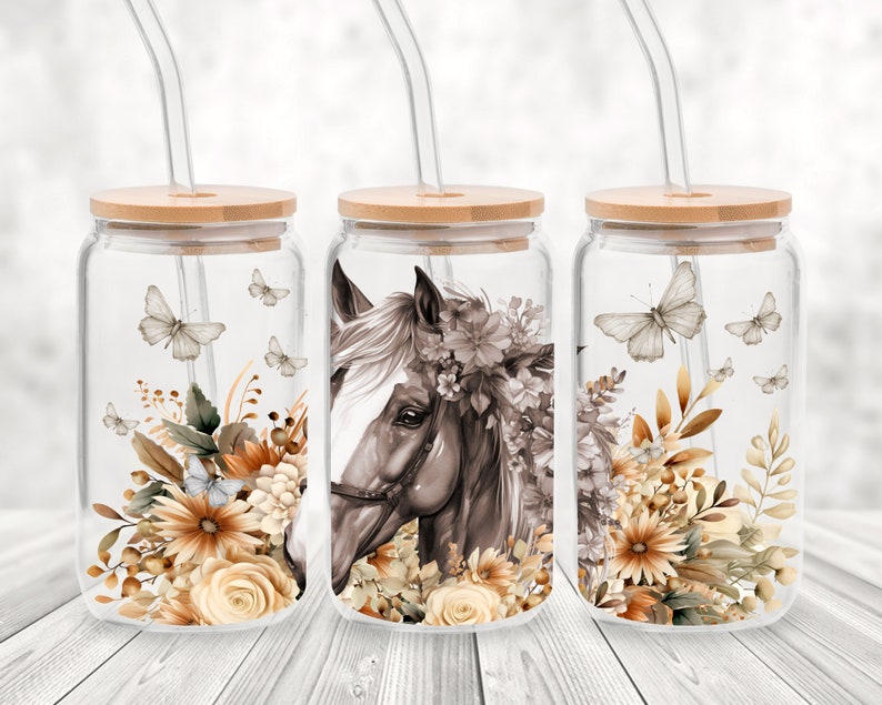 Boho Floral Horse, 16 Oz Libbey Glass Can Wrap Sublimation Design ...