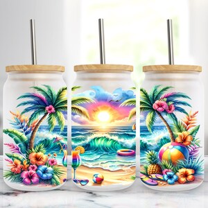 May include: Three frosted glass tumblers with bamboo lids and metal straws, each featuring a vibrant tropical beach scene with palm trees, colourful hibiscus flowers, a sunset over the ocean, a beach ball, a pineapple, and a cocktail glass.