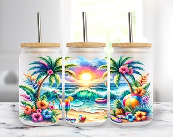 Tropical Beach Sunset 16 oz Libbey Glass Can Wrap Summer Sublimation Design PNG - Digital Download
