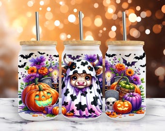 Ghost Highland Cow Floral Halloween 16oz Libbey Glass Can Wrap PNG Spooky Season Sublimation Design Digital Download
