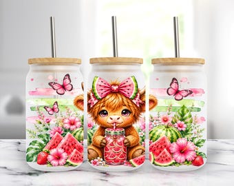 Summer Watermelon Baby Highland Cow - 16 oz Libbey Glass Can Wrap Sublimation Design, PNG Digital Download