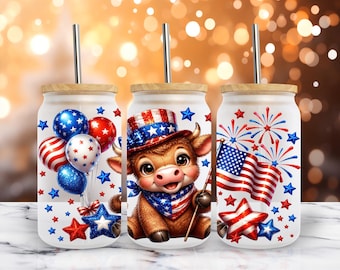 Patriotic Baby Highland Cow PNG - 16 oz Libbey Glass Can Wrap, 4Th of July Sublimation Design (Digital Download)