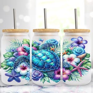 Sea Turtle 16oz Glass Can Sublimation Design, Summer Floral Tropical Glass Can Wrap Cup  PNG, Digital Download