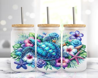 Sea Turtle 16oz Glass Can Sublimation Design, Summer Floral Tropical Glass Can Wrap Cup  PNG, Digital Download