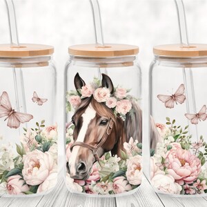 Boho Pink Floral Horse, 16 Oz Libbey Glass Can Wrap Sublimation Design, Frosted Glass Tumbler Cup, PNG Digital Download