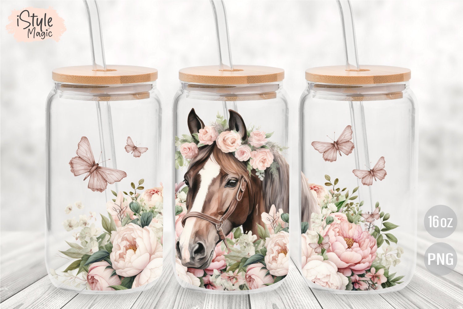 Boho Pink Floral Horse, 16 Oz Libbey Glass Can Wrap Sublimation Design ...