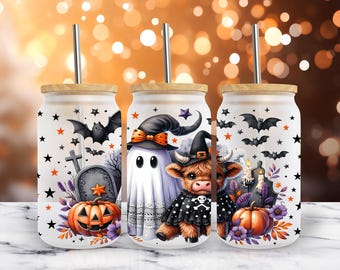 Highland Cow Ghost Halloween Glass Wrap PNG 16oz Libbey Can Spooky Season Sublimation Design (Digital Download)