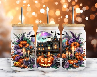 Haunted House Halloween Glass Wrap PNG 16oz Libbey Can Spooky Pumpkin Sublimation Design (Digital Download)