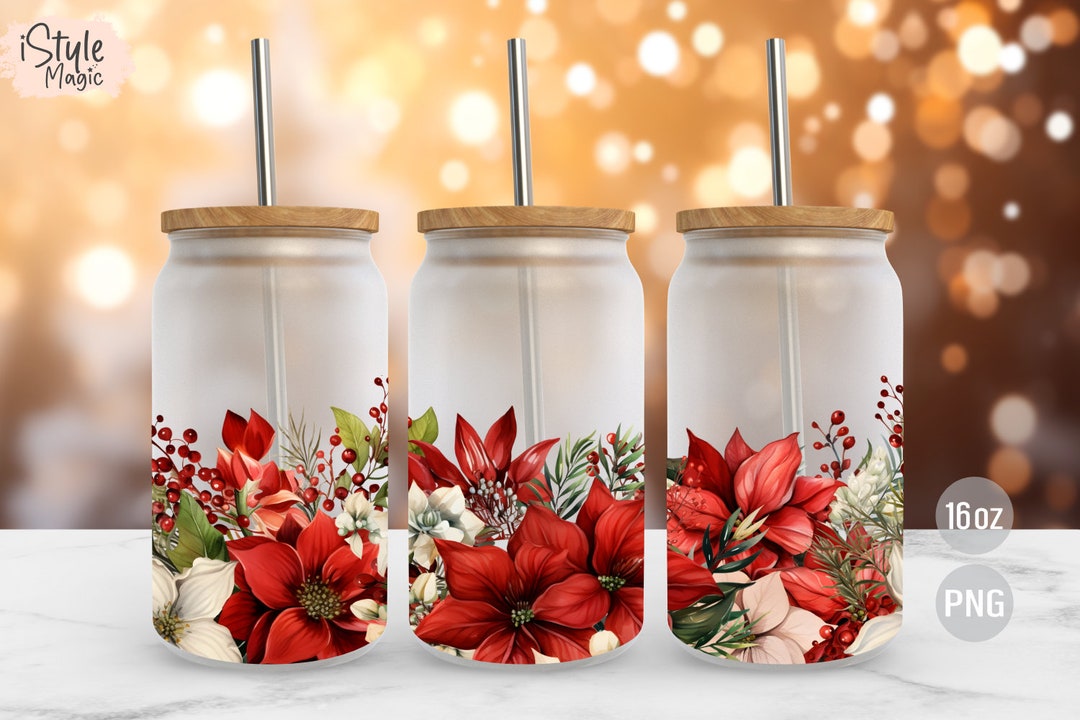 Christmas Poinsettia, Libbey 16 Oz Glass Can Wrap Sublimation Design ...