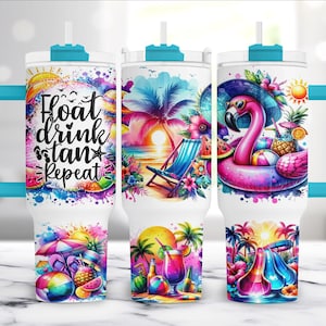 May include: Three stainless steel tumblers with colorful summer-themed designs. The first tumbler features the text "Float Drink Tan Repeat" with a beach scene. The second tumbler features a palm tree and beach scene with a sunset. The third tumbler features a pink flamingo on a float with a pineapple and watermelon.