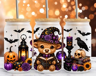 Halloween Purple Witch Highland Cow Glass Can Wrap PNG, 16oz Libbey Wrap, Spooky Season Sublimation Design (Digital Download)