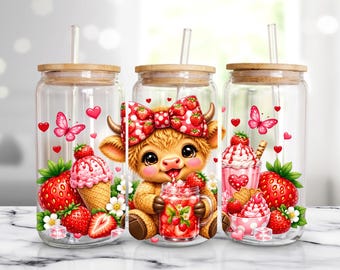 Strawberry Baby Highland Cow 16oz Libbey Glass Can Wrap PNG, Cute Coquette Bow Cow Sublimation Design (Digital Download)