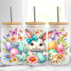 Envoltura de lata de vidrio Libbey de 16 oz con diseño de conejito floral de Pascua, PNG, descarga digital
