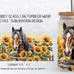 Horse and Sunflowers Fence, 16 Oz Libbey Glass Can Wrap Sublimation ...