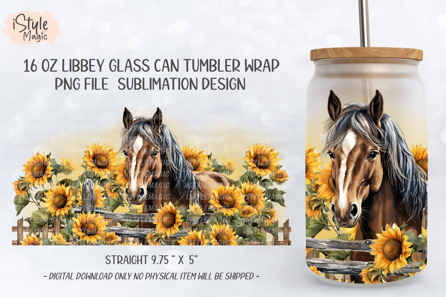 Horse and Sunflowers Fence, 16 Oz Libbey Glass Can Wrap Sublimation ...