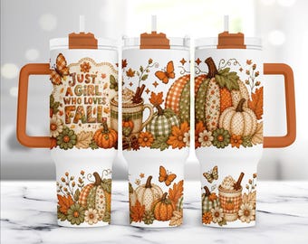 Just A Girl Who Loves Fall 40oz Quencher Tumbler Wrap PNG, Patchwork Autumn Pumpkin Sublimation Design Digital Download