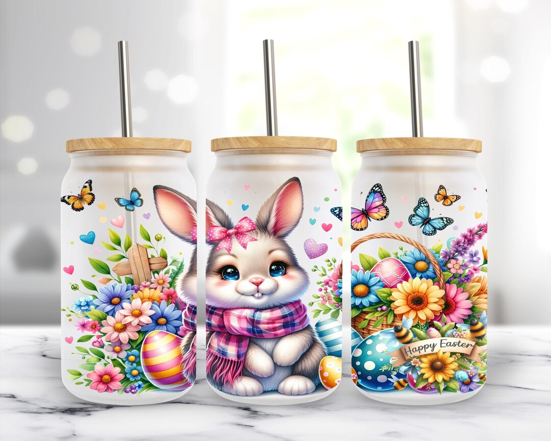 Happy Easter Cute Baby Bunny 16 Oz Libbey Glass Can Wrap Sublimation ...