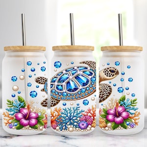 Rhinestone Sea Turtle 16oz Libbey Glass Can Wrap, Summer Jeweled Ocean Life Sublimation Design, PNG Digital Download
