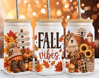 Fall Vibes Glass Can Wrap PNG, 16oz Libbey Cup, Cozy Autumn Farmhouse Pumpkin Spice Sublimation Design, Thanksgiving (Digital Download)