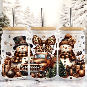 Christmas Brown Snowman 16 oz Libbey Frosted Glass Can Wrap, Sublimation Design, Christmas Cup 16 oz Wrap, PNG Digital Download