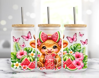 Watermelon Baby Highland Cow - 16 oz Libbey Glass Can Wrap Summer Sublimation Design, PNG Digital Download