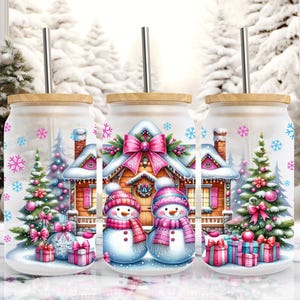 Christmas Snowman 16 oz Libbey Frosted Glass Can Tumbler Wrap, Sublimation Design, Winter Holiday Glass Can, Christmas PNG Digital Download