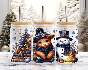 Weihnachten Marineblau Baby Highland Kuh & Schneemann, Leoparden-Design 16 Unzen Libbey Glasdosenverpackung Sublimationsdesign, PNG Digital Download