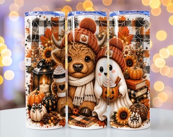 Highland Cow Ghost Tumbler Wrap PNG, 20oz Skinny Tumbler Design, Cozy Fall Halloween Spooky Season Sublimation (Digital Download)